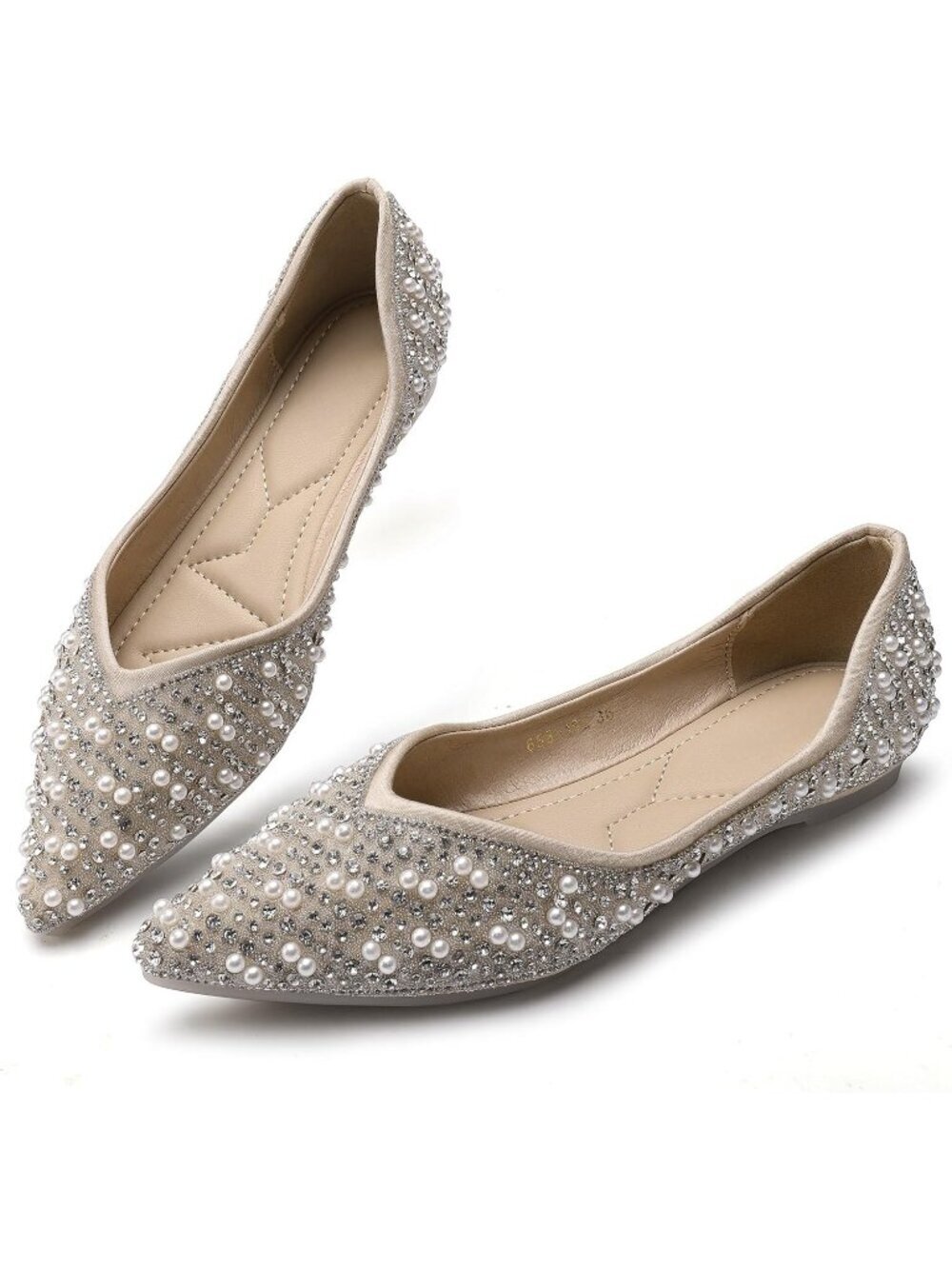 〽️Women Apricot Rhinestone Flats Pointed Toe Pearl Diamond Low Heel Ballet Shoes